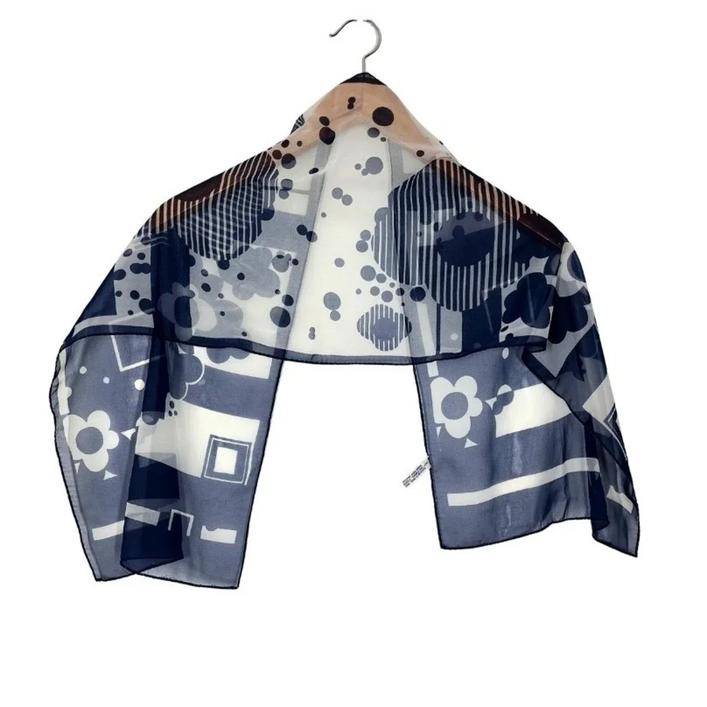 Celebritees by Desco Vintage Navy Blue White Floral Geometric Sheer Scarf Japan